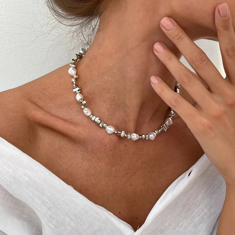 Collier Ras de Cou avec Pendentifs Perles pour Femme argent